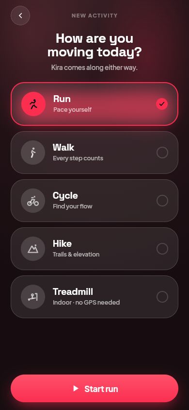 Fitchi portrait activity picker with Run, Walk, Cycle, Hike, and Treadmill