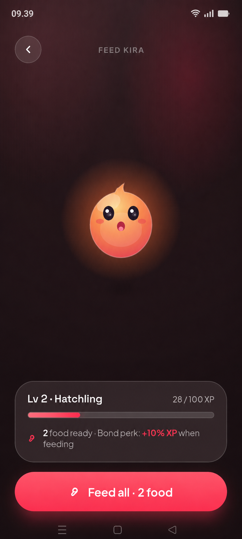 Fitchi Feed Kira screen showing food earned from an activity and pet XP progress