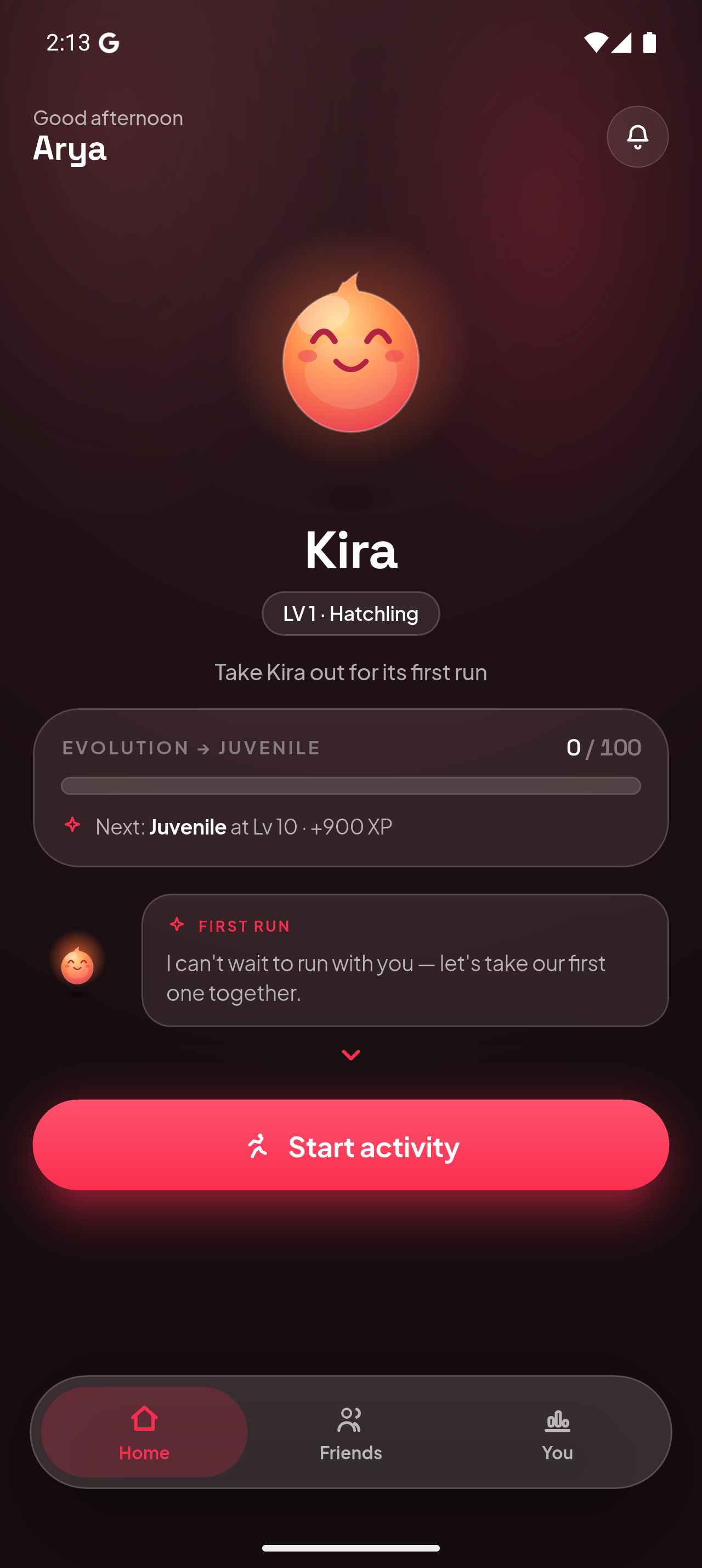 Fitchi home screen showing Kira, evolution progress, and Start activity button